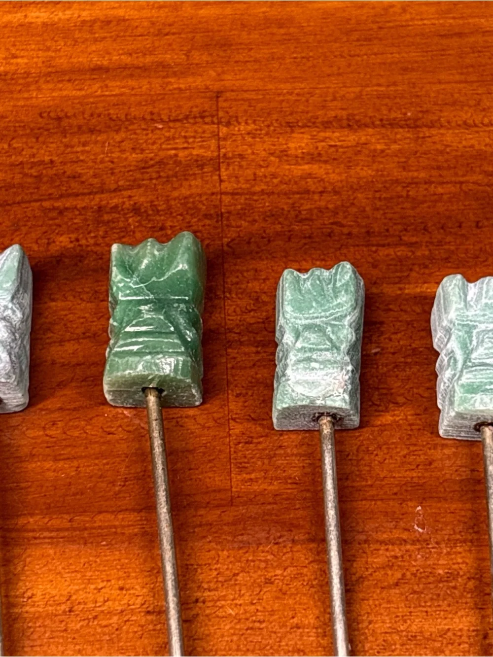 Vtg Cocktail Hors D'oeuvre Picks With Green Tiki Style Carved Stone Handle